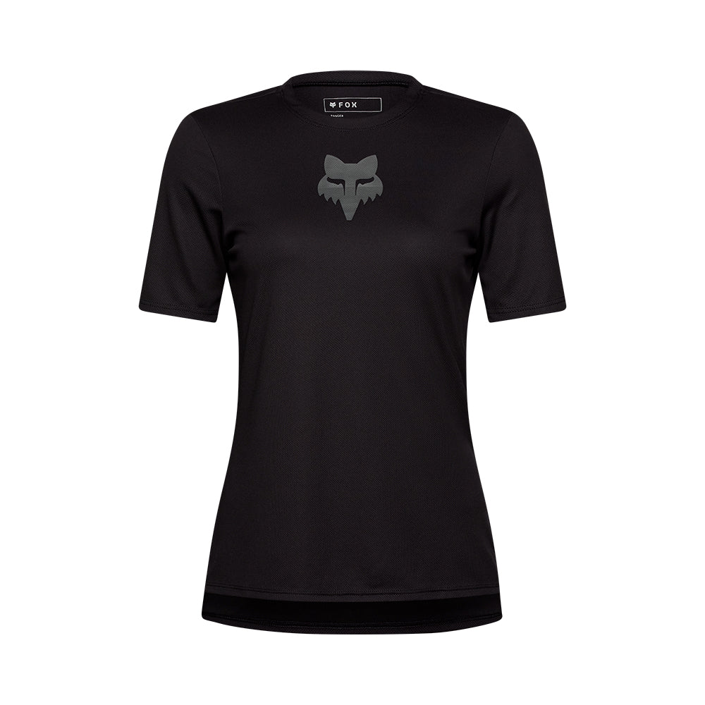 Black t-shirt with a logo on the chest against a white background