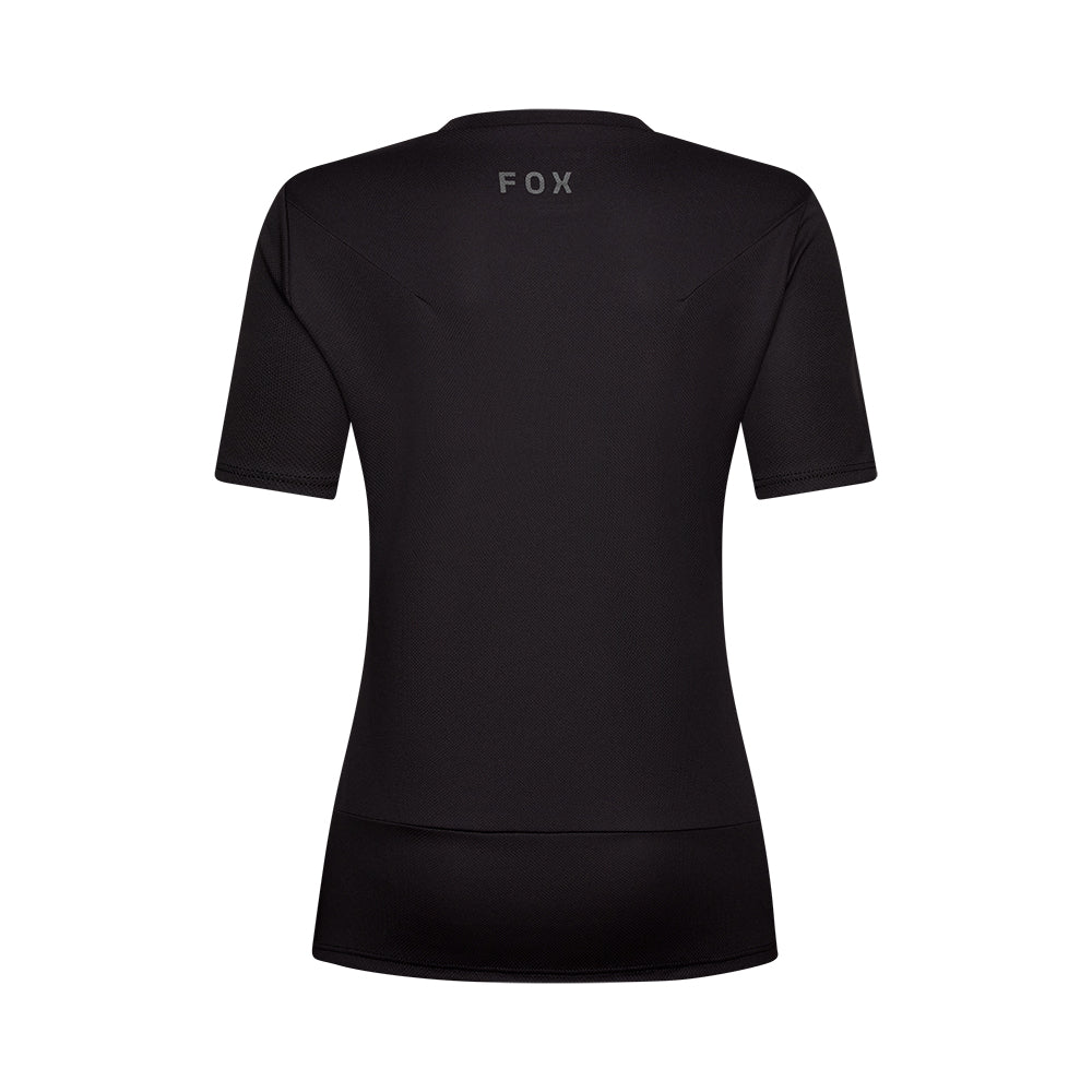 Black t-shirt with 'FOX' logo on the back against a white background