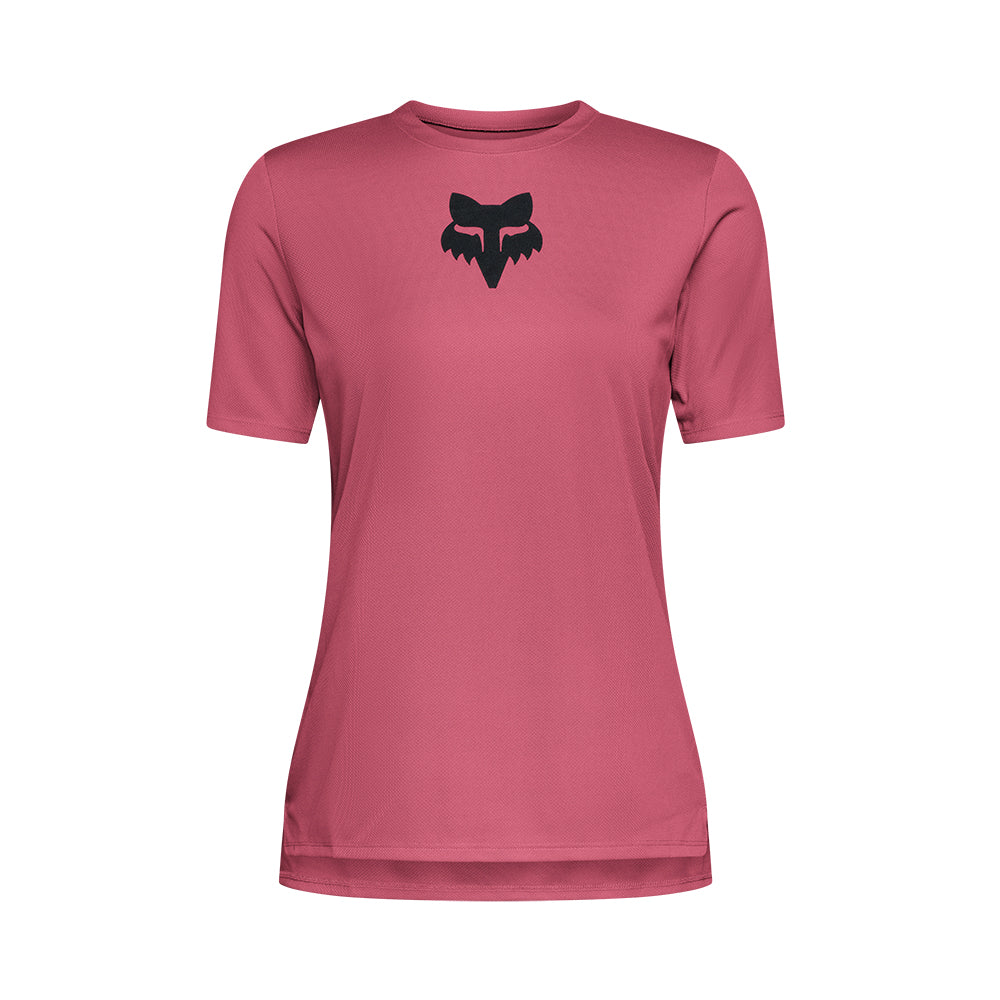 Pink t-shirt with a black logo on a white background