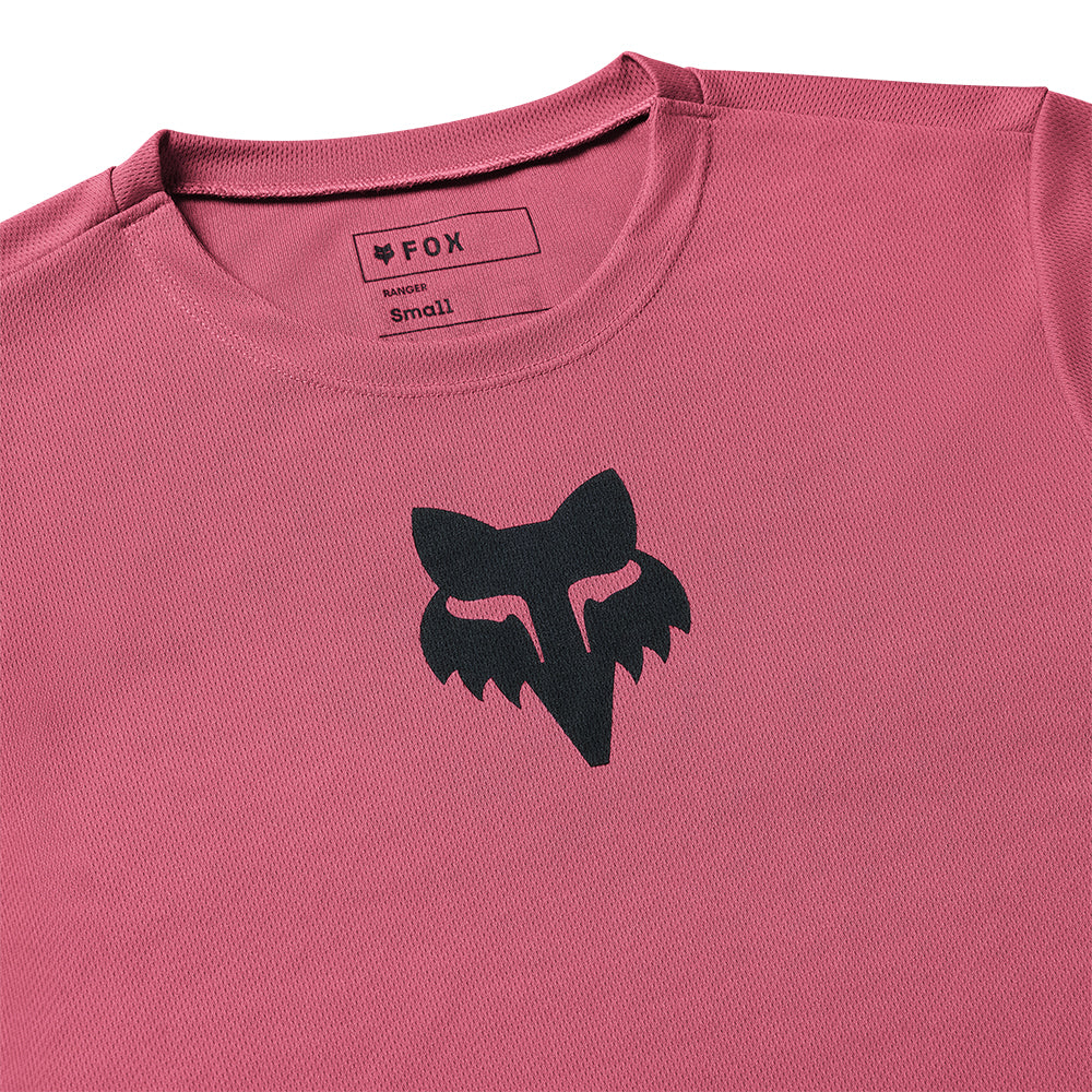 Pink t-shirt with black fox logo on a white background