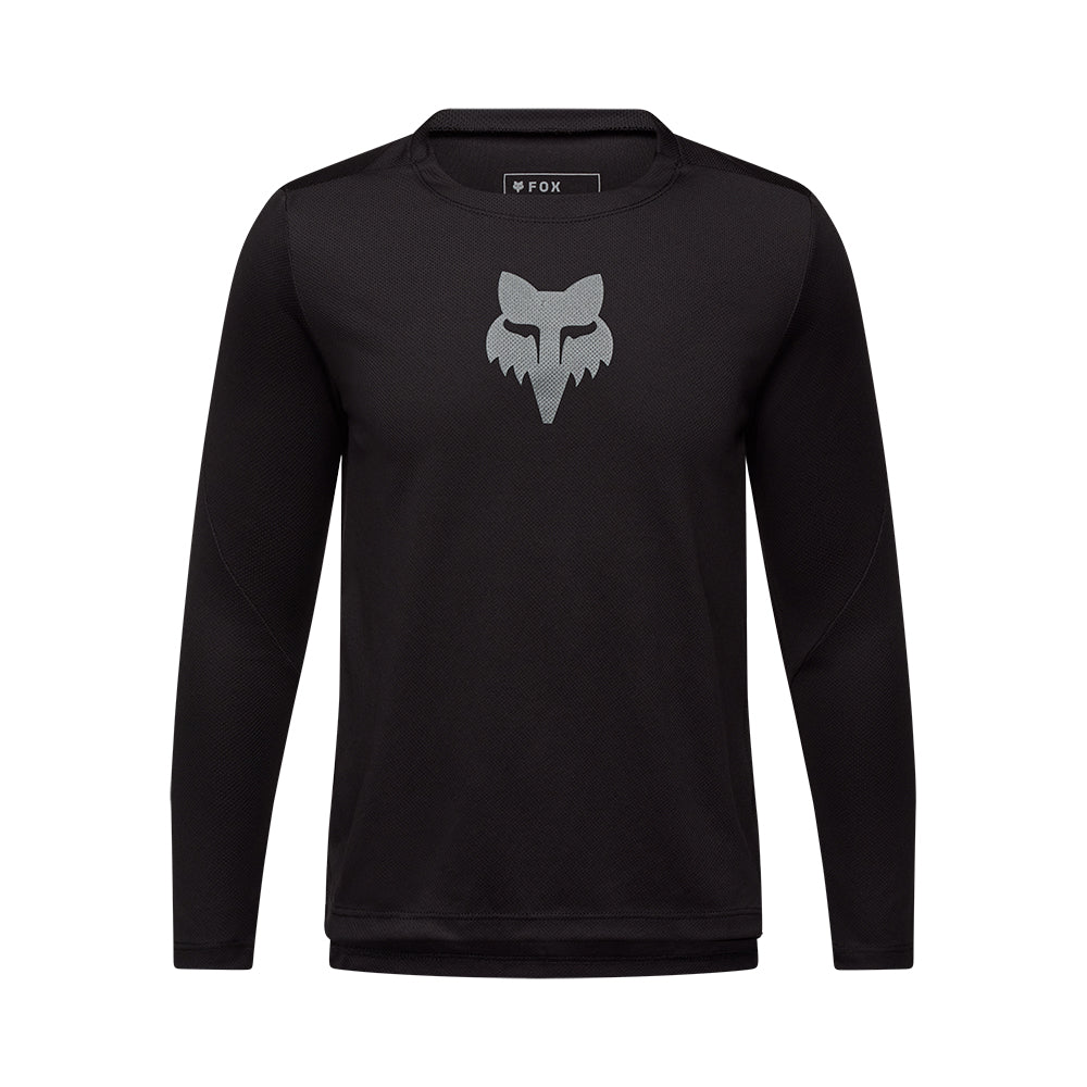 Black long-sleeve shirt with a logo on a white background
