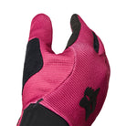Close-up of a pink glove with black accents on a white background