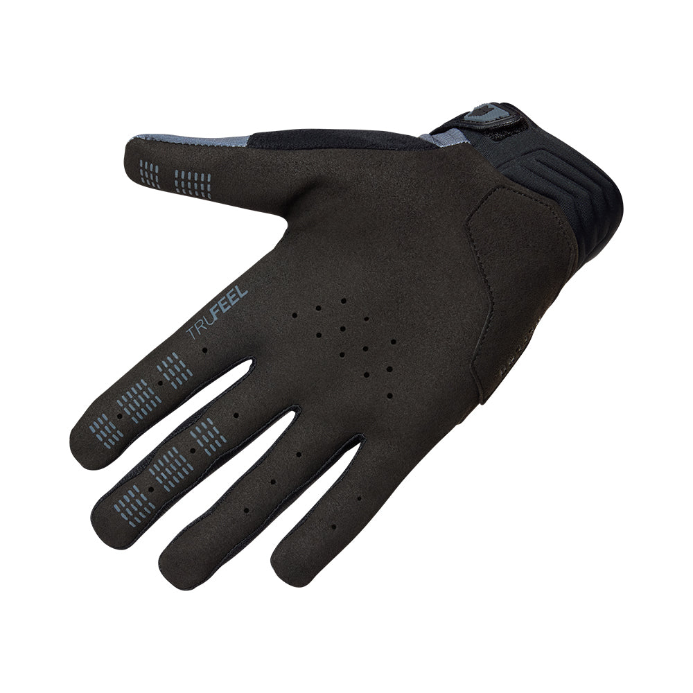 Black glove with text on a white background