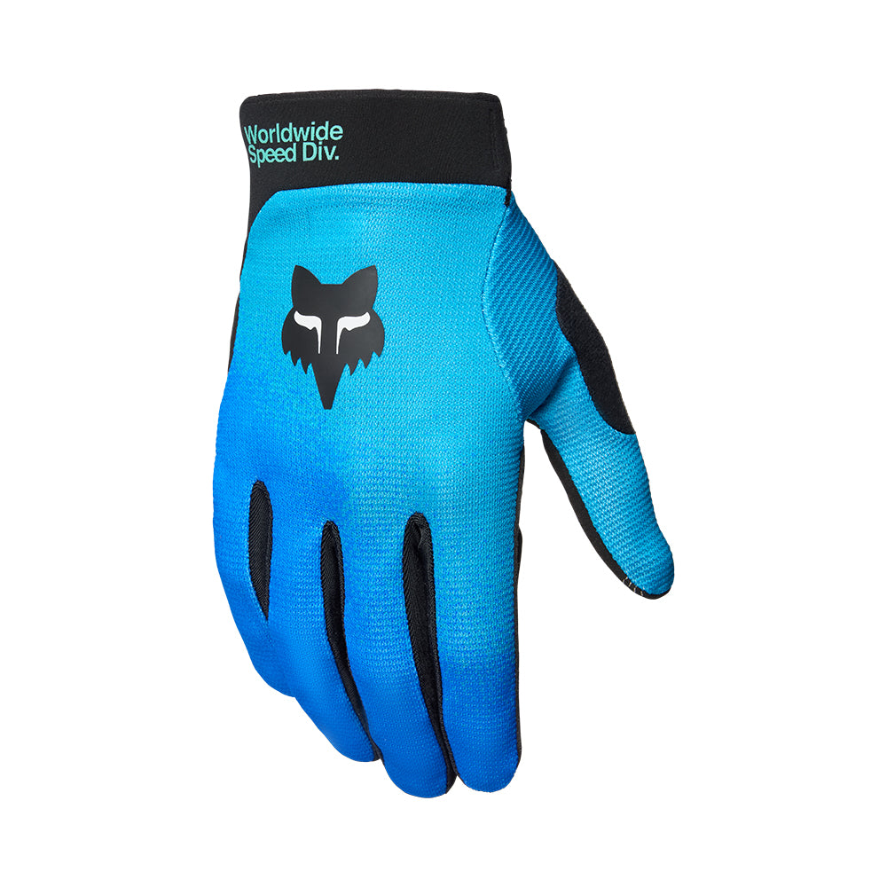 Blue glove with black accents and a logo on a white background