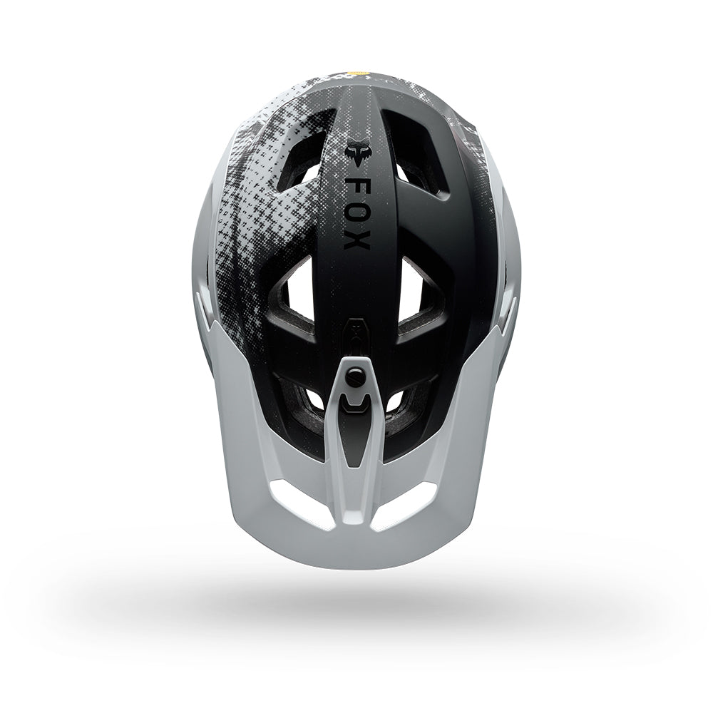 Gray and black helmet with 'FOX' branding on a white background