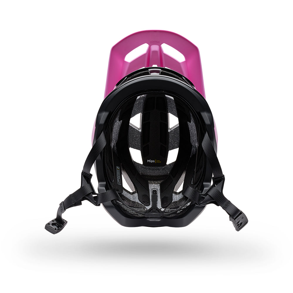 Black helmet with pink visor on a white background