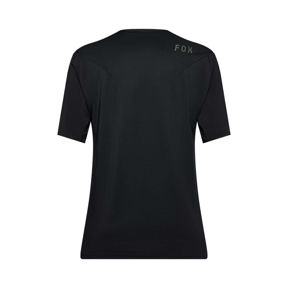 Black t-shirt with 'FOX' logo on the back against a white background