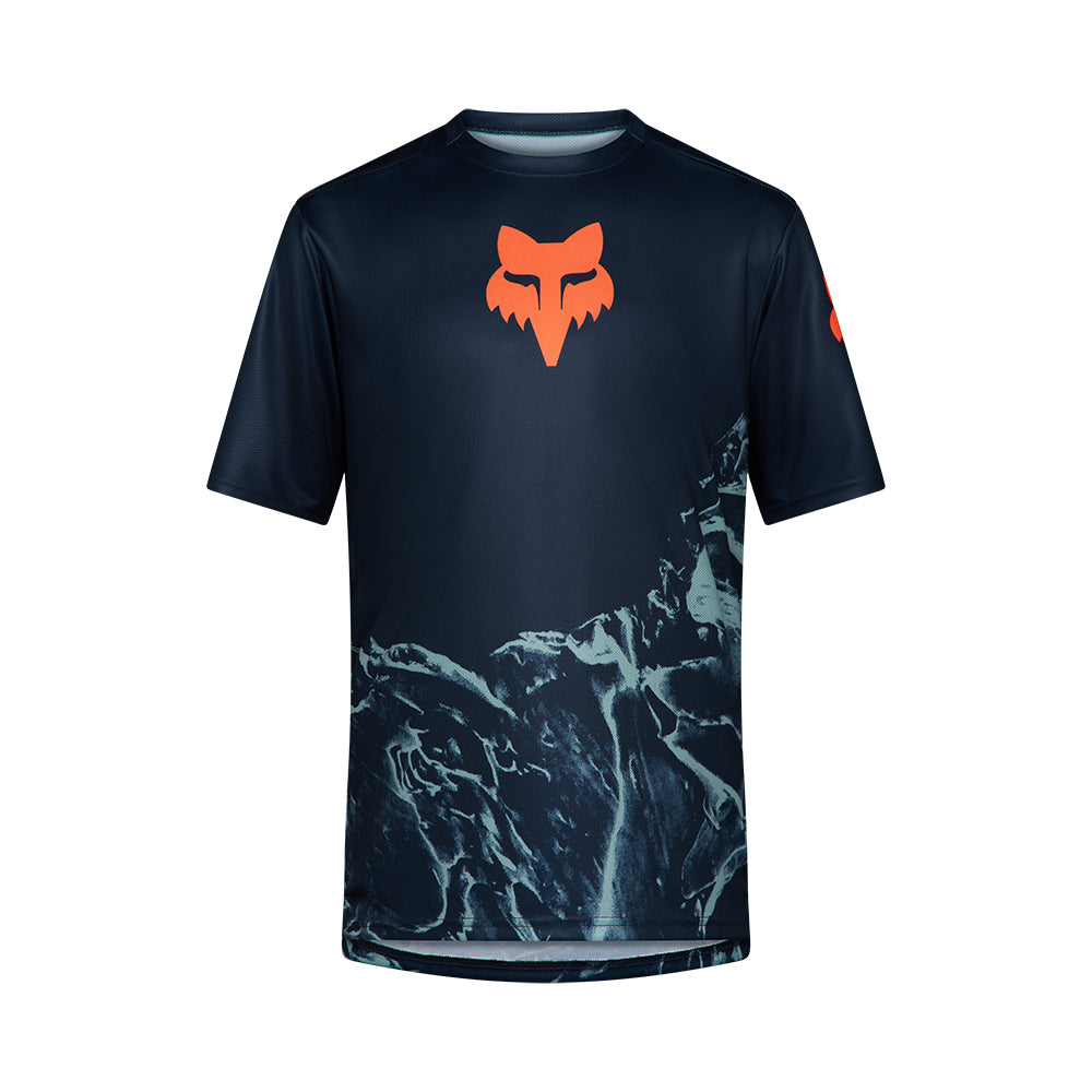 Black t-shirt with mountain graphic and orange fox logo on a white background
