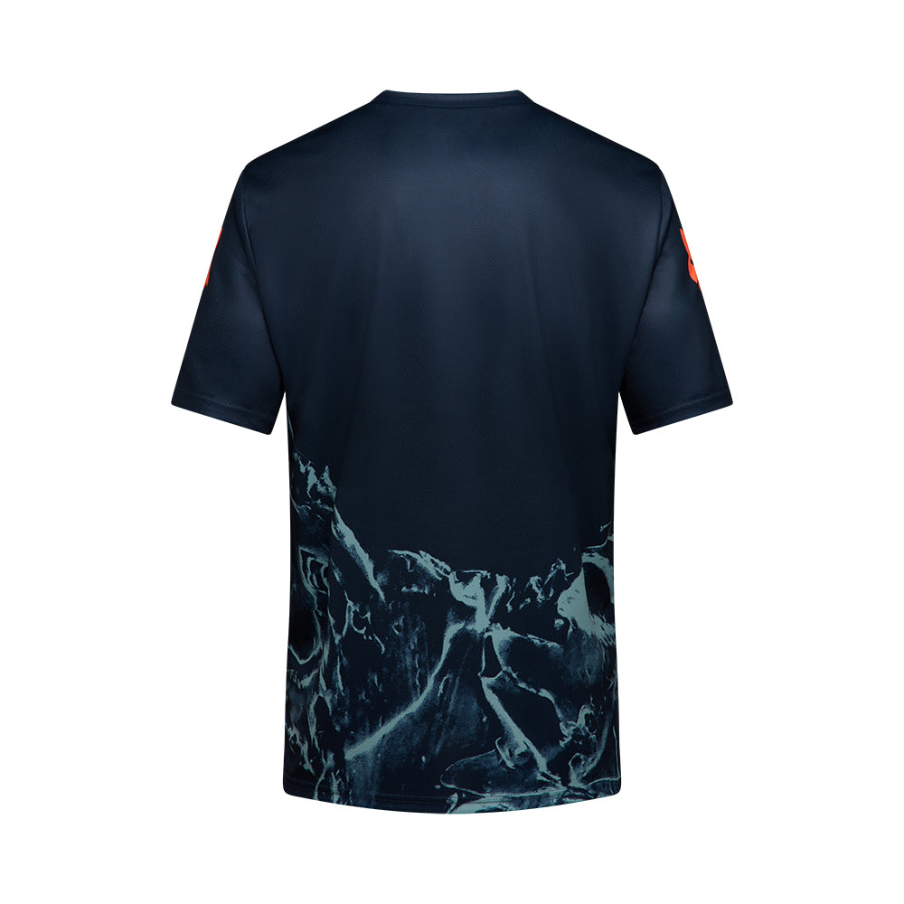 Black t-shirt with a marble pattern on a white background