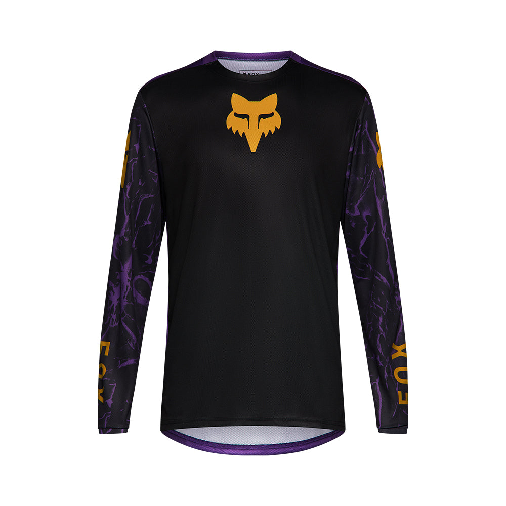 Black long-sleeve shirt with yellow and purple accents on a white background