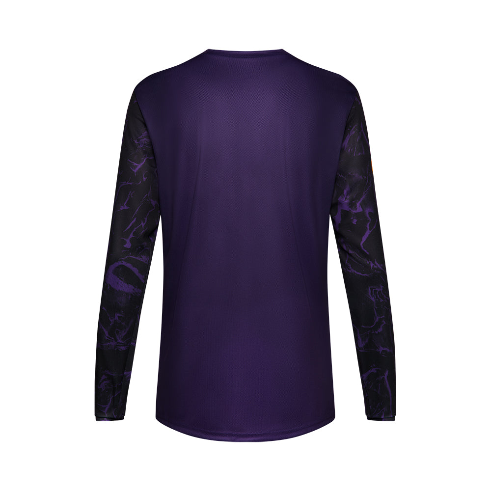 Purple long-sleeve shirt with black pattern on sleeves against a white background