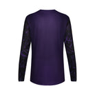 Purple long-sleeve shirt with black pattern on sleeves against a white background
