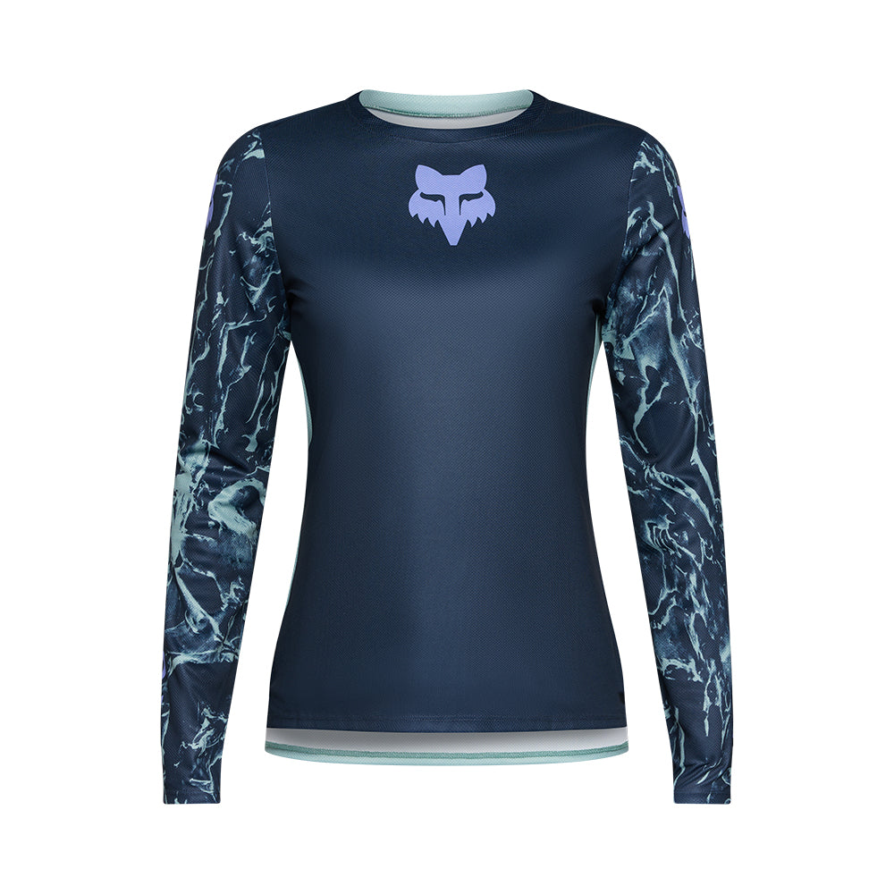 Navy long-sleeve shirt with a patterned sleeve and brand logo on a white background