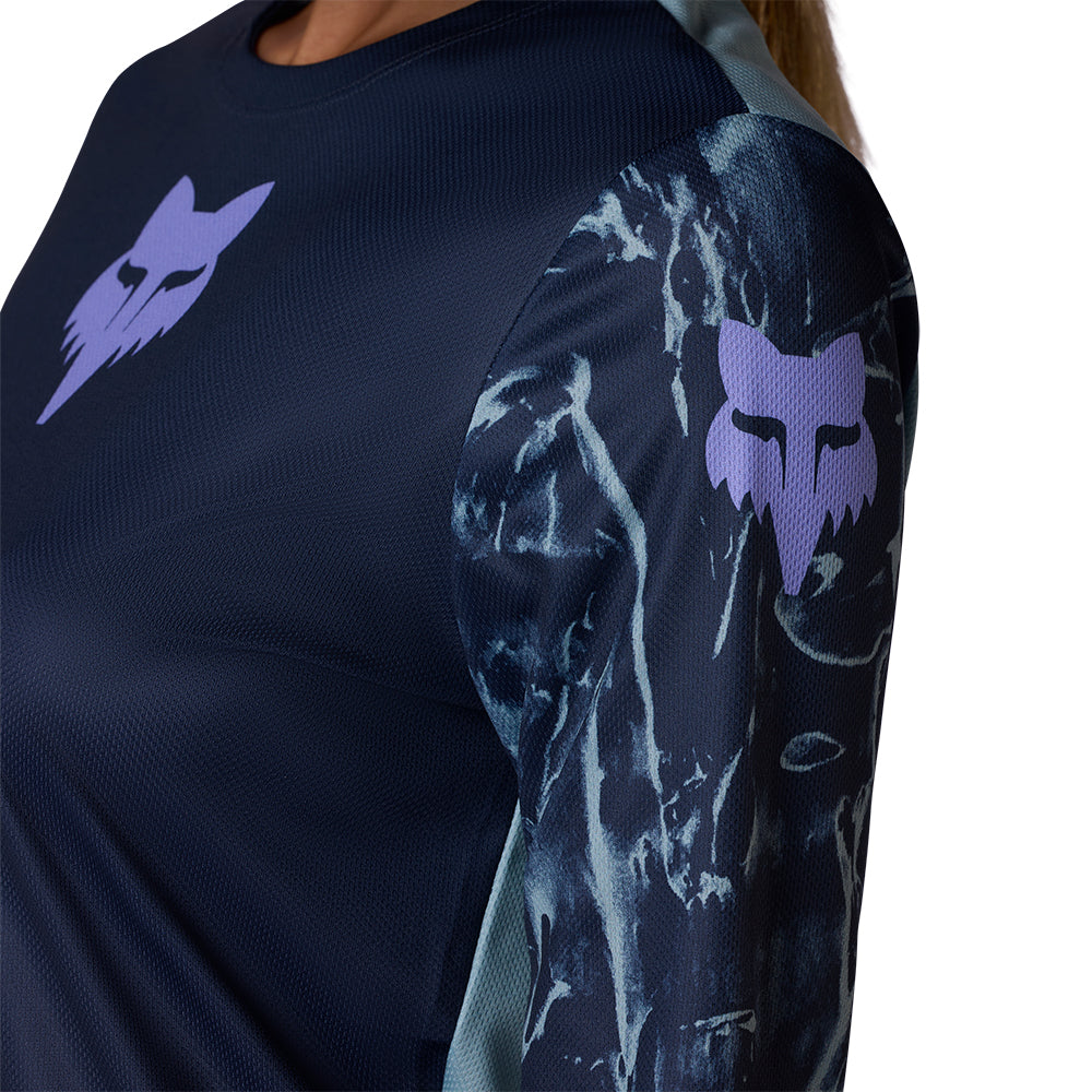 Navy blue athletic shirt with purple wolf logo on sleeves