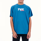 Person wearing a blue t-shirt with a logo on a white background