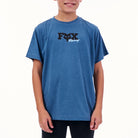 Child wearing a blue t-shirt with a logo on a white background