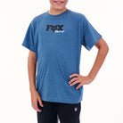 Child wearing a blue t-shirt with 'FOX Racing' logo on a white background