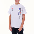Child wearing a white t-shirt with Honda Racing logo on a white background