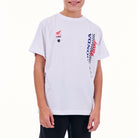 Child wearing a white t-shirt with racing graphics on a white background