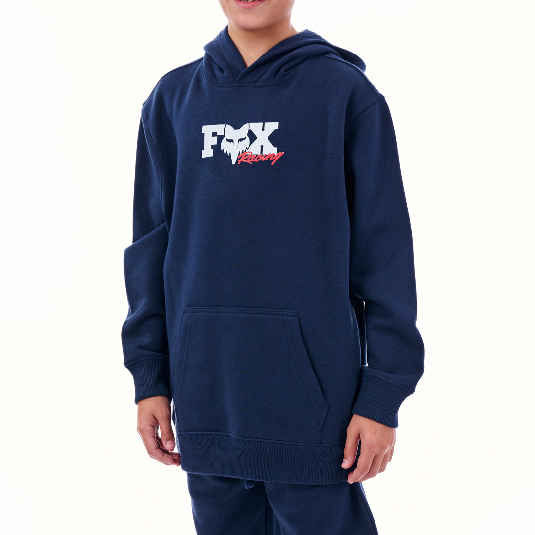 Navy hoodie with a logo on a white background