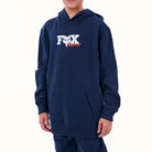 Navy hoodie with a logo on a white background