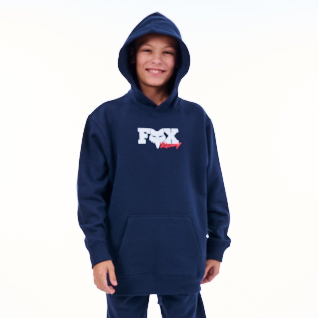 Child wearing a navy hoodie with a logo on a white background