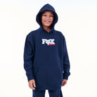 Child wearing a navy hoodie with a logo on a white background