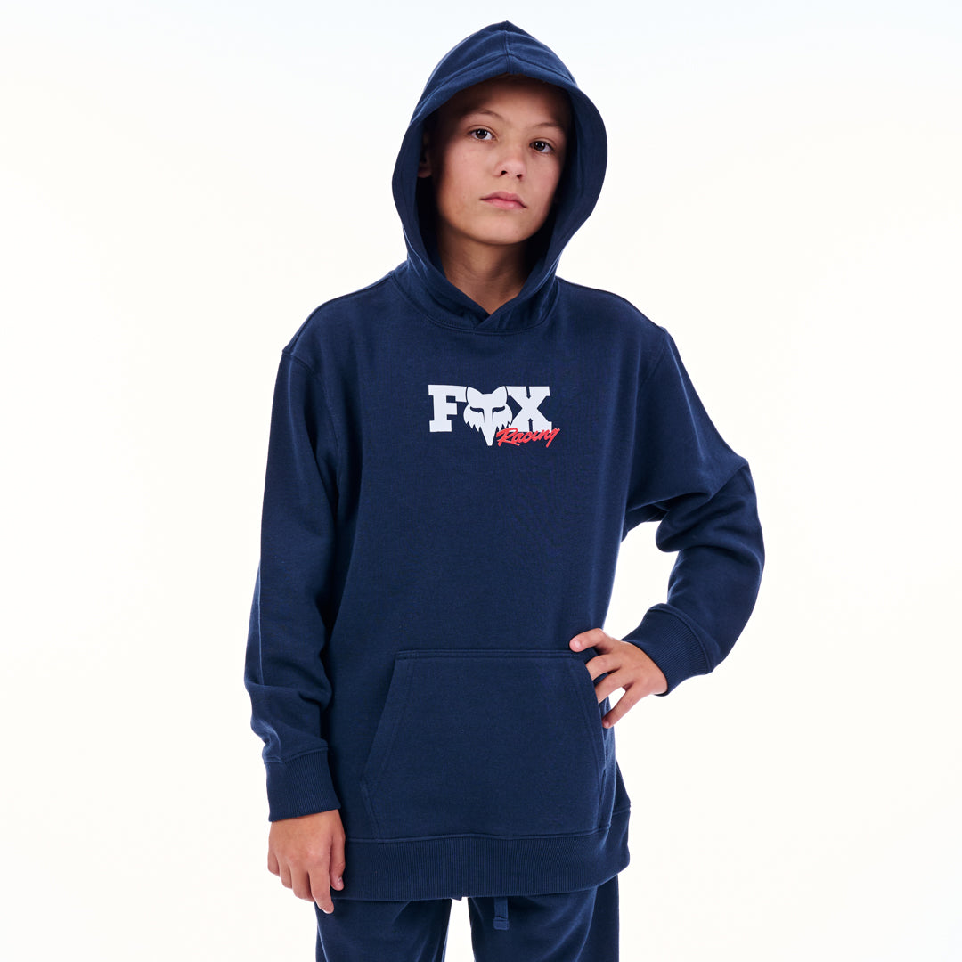 Person wearing a navy blue hoodie with a logo on a white background