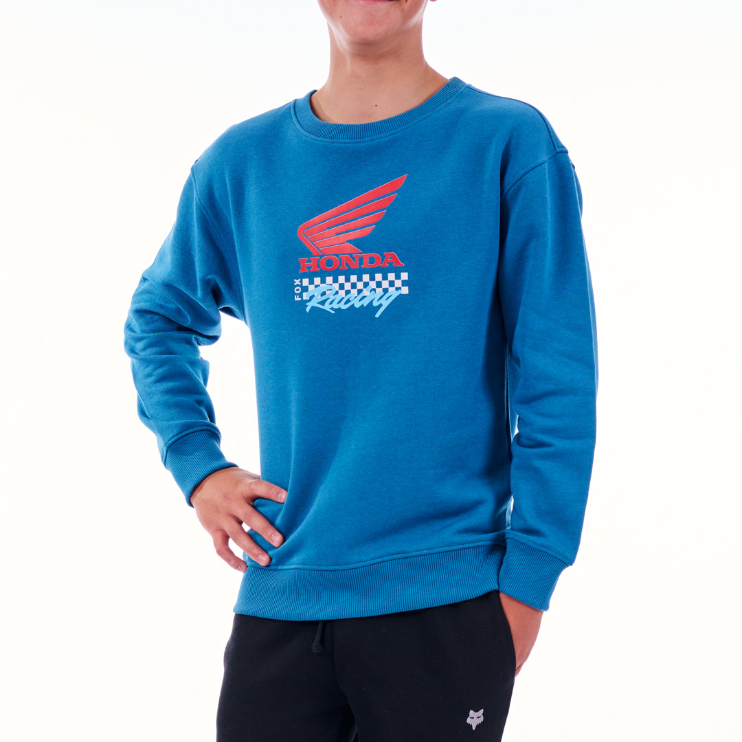 Blue sweatshirt with Honda Racing logo on a white background