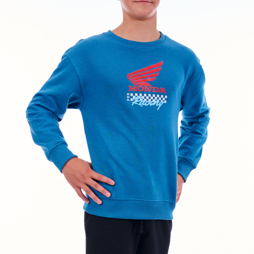 Blue sweatshirt with Honda Racing logo on a white background