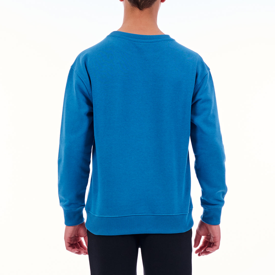 Blue sweatshirt worn by a person on a white background