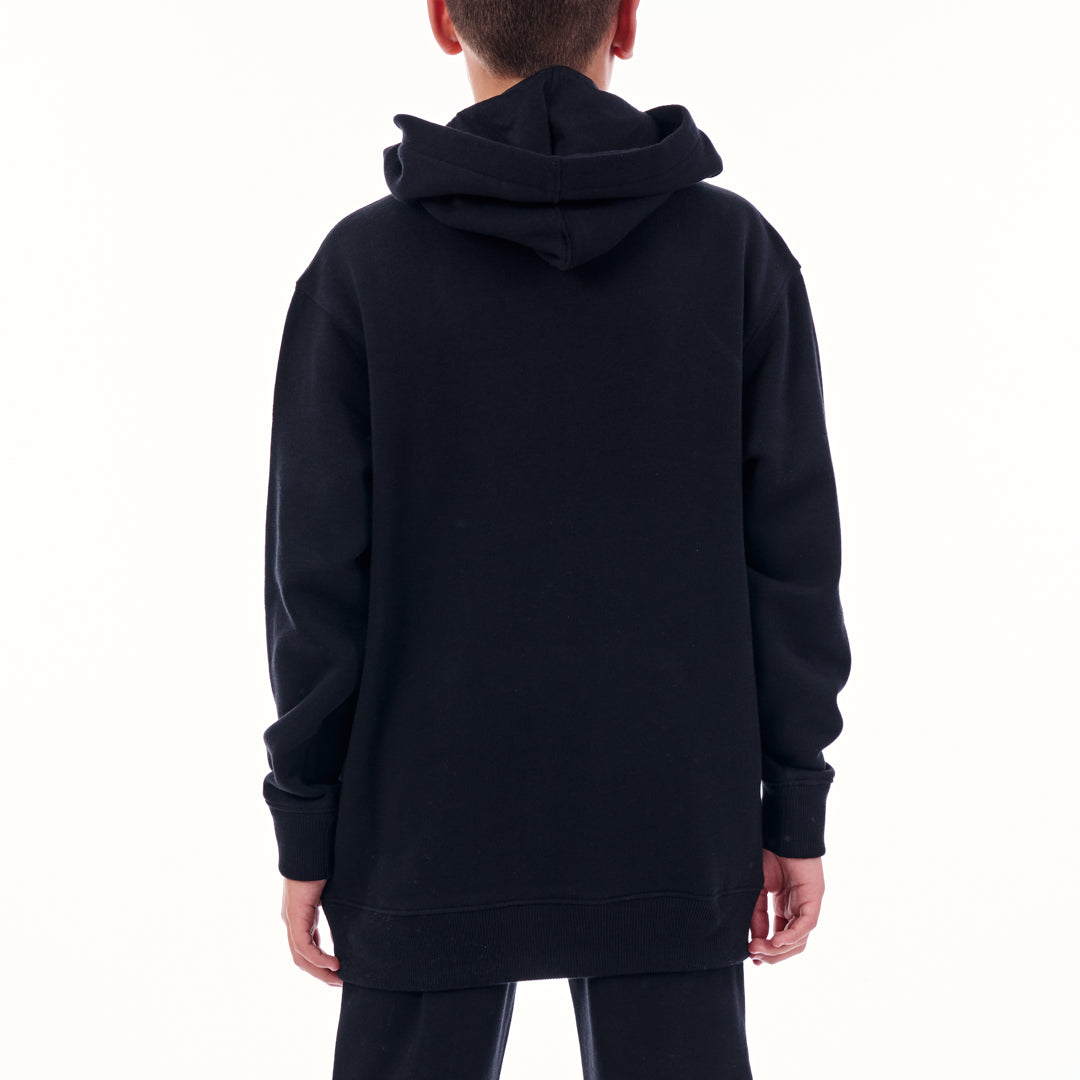 Black hoodie worn by a person on a white background
