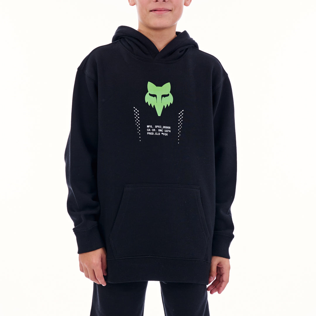 Black hoodie with a green logo on a white background