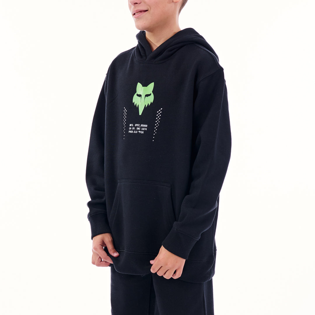 Person wearing a black hoodie with a green logo on a white background