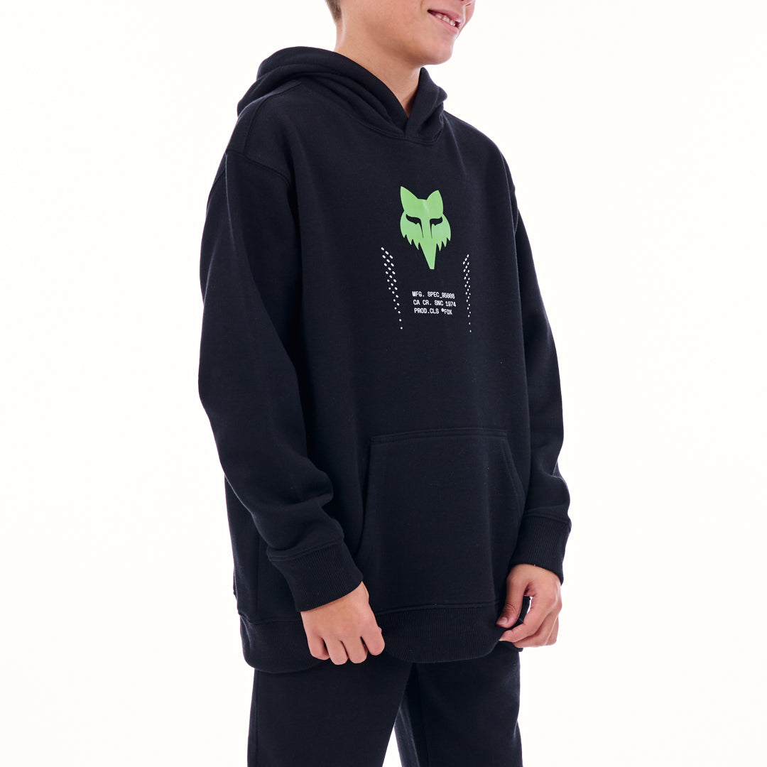 Black hoodie with green logo worn by a person on a white background