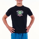 Person wearing a black t-shirt with a graphic design on a white background