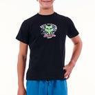 Person wearing a black t-shirt with a logo on a white background