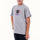 Child wearing a gray t-shirt with a graphic design on a white background
