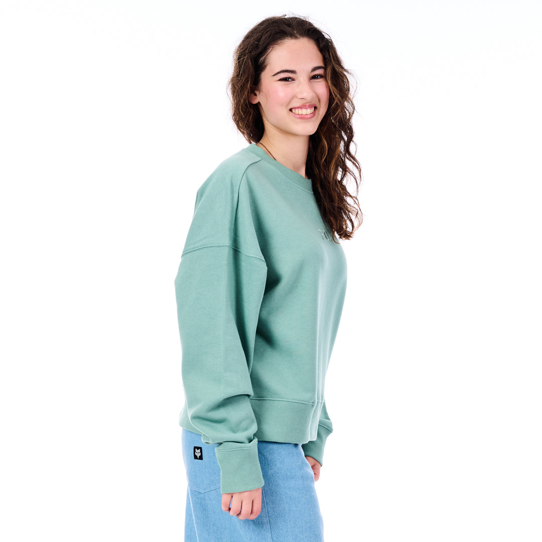 Person wearing a light green sweatshirt with a white stripe on a white background
