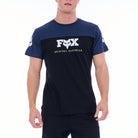 Person wearing a navy t-shirt with a white logo on a white background