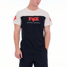 Person wearing a black and white t-shirt with a red logo on a white background