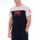 Person wearing a black and white t-shirt with a red logo on a white background