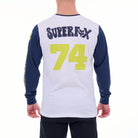 Long-sleeve shirt with 'Super Fox' and number '74' on the back, worn by a person.
