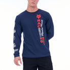 Navy long-sleeve shirt with red and white graphics on a white background