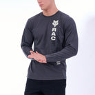 Person wearing a dark gray long-sleeve shirt with a logo and text on a white background