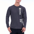 Person wearing a dark gray long-sleeve shirt with a logo and text on a white background