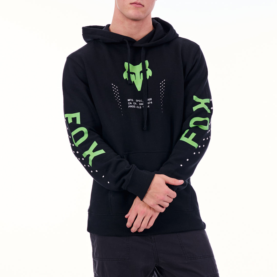 Black hoodie with green text and logo on a white background