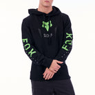 Black hoodie with green text and logo on a white background