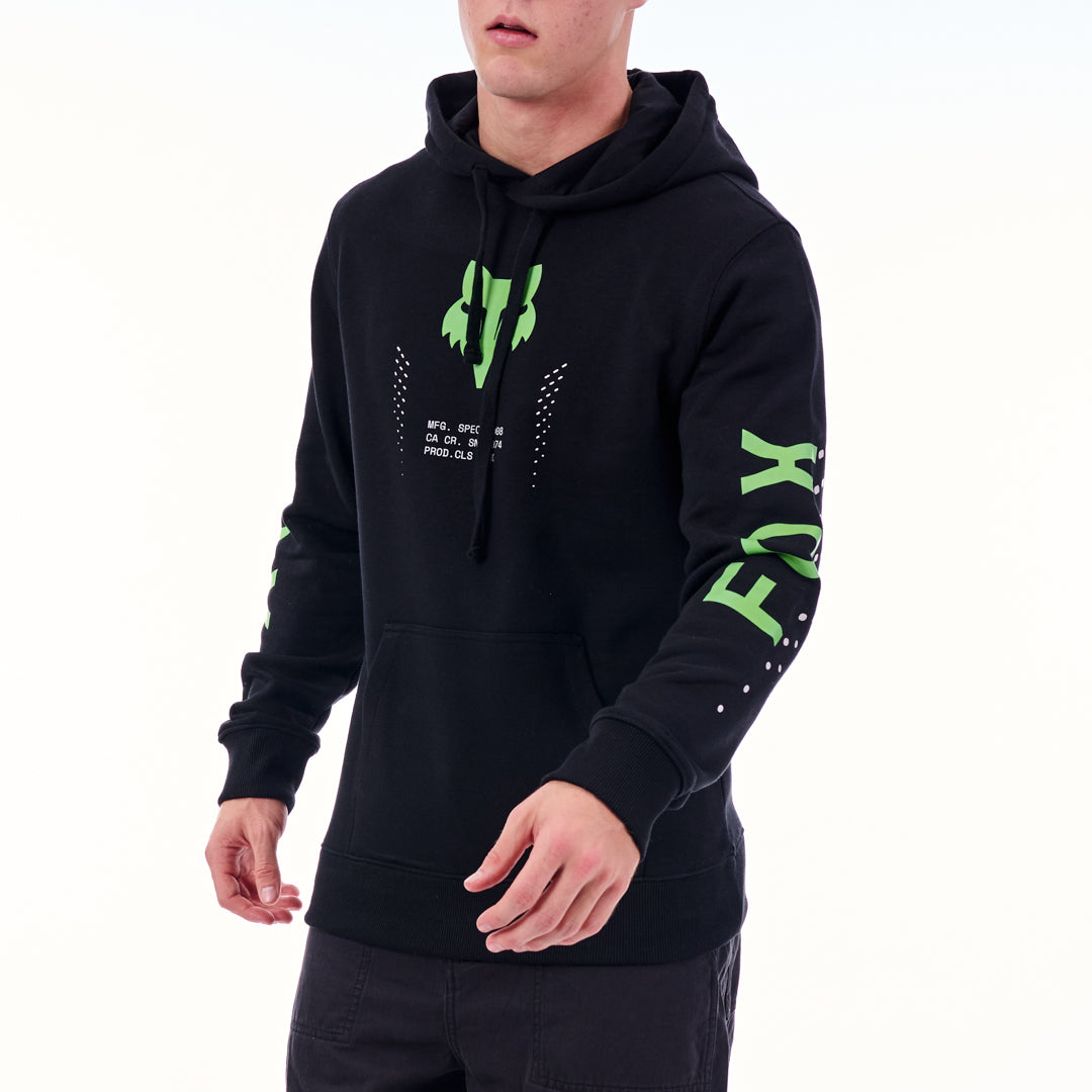 Black hoodie with green and white text and logos on a white background