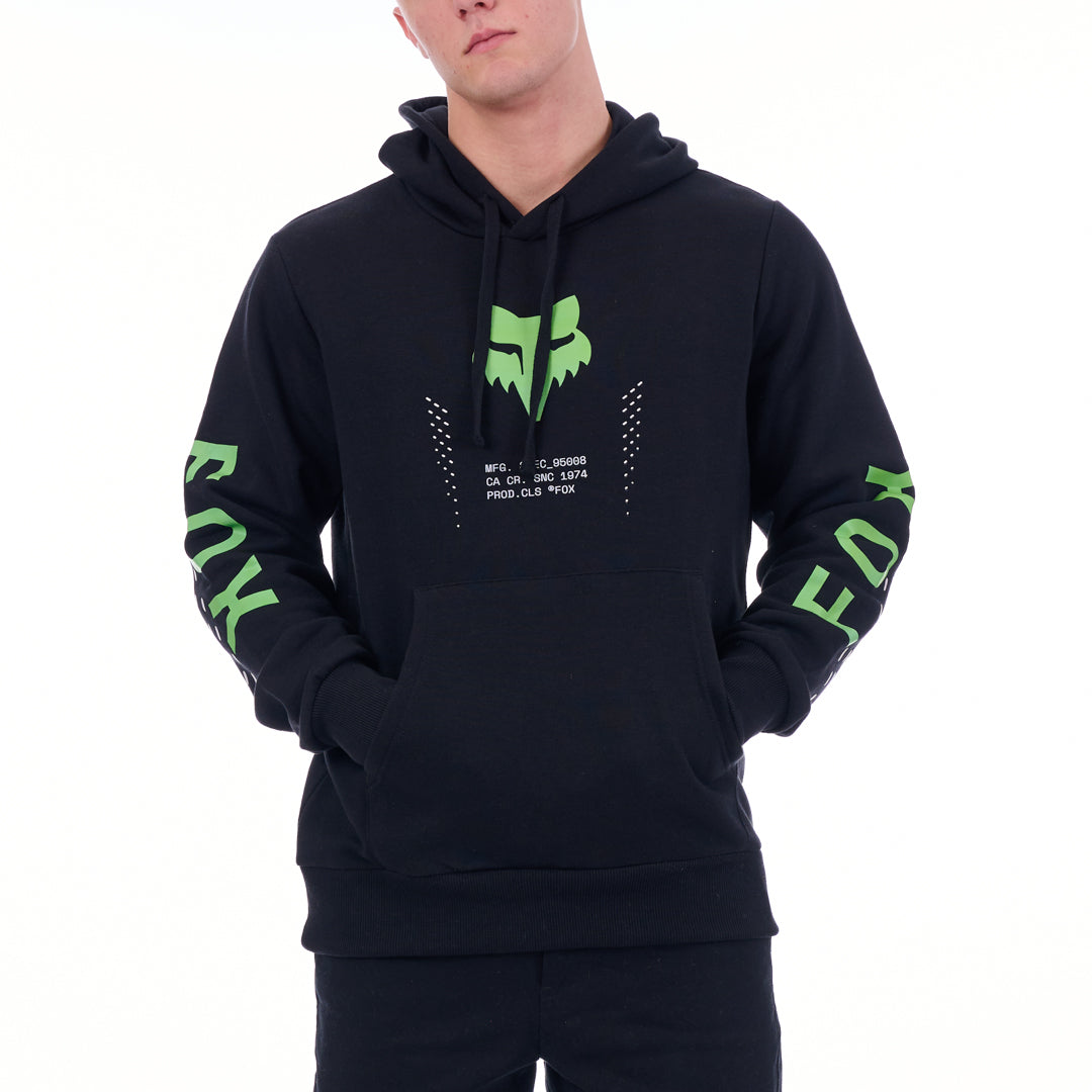 Black hoodie with green Fox logo on a white background